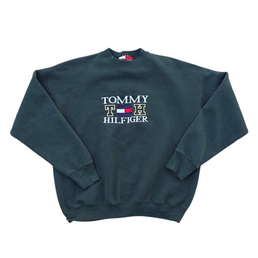 Vintage 90s Tommy Hilfiger Forest Green Men’s Crewneck Sweatshirt Size XL